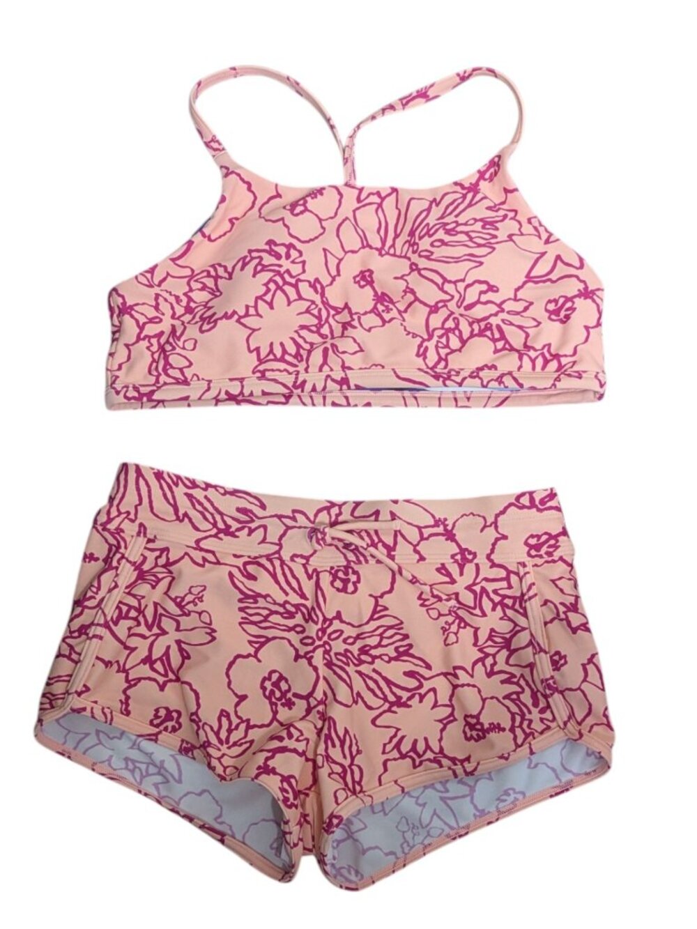 Athleta Girl Cannonball 2.0 2 pc Swim Set M Floral Board Shorts Top Medium 8/10